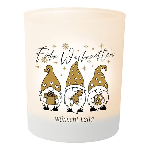 Weihnachts-Geschenk: Wichtel Teelichthalter personalisiert mit Namen – Teelichtglas Windlicht Weihnachtsdeko - Geschenk Weihnachten für Freunde Kollegen Familie (Frohe Weihnachten 3 Gold Wichtel) von True Statements