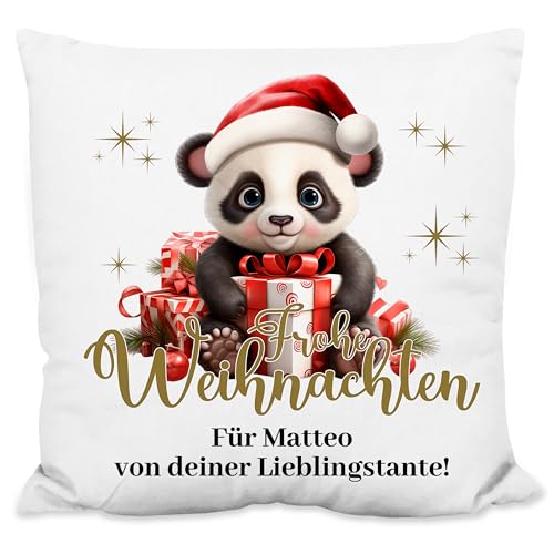 Weihnachtskissen personalisiert „Frohe Weihnachten!“ Panda-Motiv - 40x40cm, inkl. Kissen-Füllung – Deko Zierkissen Geschenk Weihnachten (Flauschiges Kissen) von True Statements