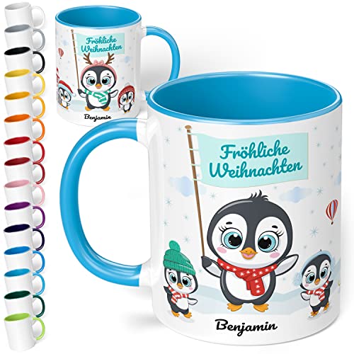 True Statements Weihnachtstasse mit Namen personalisiert „Fröhliche Weihnachten“ - mit Pinguin-Motiv - 330ml Keramik Kaffeebecher mit Spruch - Geschenk zu Weihnachten (Hellblau) von True Statements