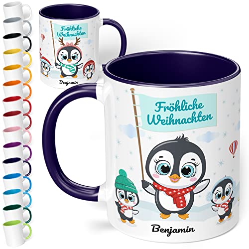 True Statements Weihnachtstasse mit Namen personalisiert „Fröhliche Weihnachten“ - mit Pinguin-Motiv - 330ml Keramik Kaffeebecher mit Spruch - Geschenk zu Weihnachten (Kobaltblau) von True Statements