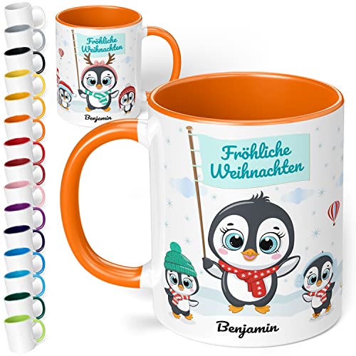 True Statements Weihnachtstasse mit Namen personalisiert „Fröhliche Weihnachten“ - mit Pinguin-Motiv - 330ml Keramik Kaffeebecher mit Spruch - Geschenk zu Weihnachten (Orange) von True Statements