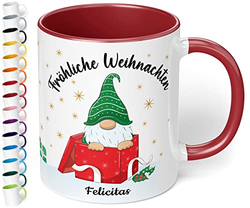 True Statements Weihnachtstasse mit Namen personalisiert „Fröhliche Weihnachten“ - 330ml Keramik Kaffeebecher mit Wichtel-Motiv und Spruch - Geschenk für Freunde & Familie (Bordeaux) von True Statements