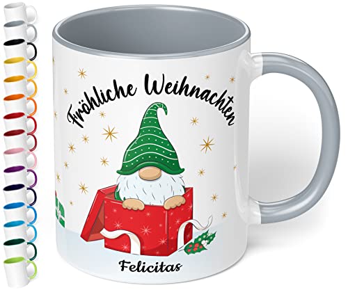 True Statements Weihnachtstasse mit Namen personalisiert „Fröhliche Weihnachten“ - 330ml Keramik Kaffeebecher mit Wichtel-Motiv und Spruch - Geschenk für Freunde & Familie (Grau) von True Statements