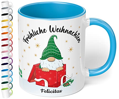 True Statements Weihnachtstasse mit Namen personalisiert „Fröhliche Weihnachten“ - 330ml Keramik Kaffeebecher mit Wichtel-Motiv und Spruch - Geschenk für Freunde & Familie (Hellblau) von True Statements