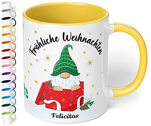 True Statements Weihnachtstasse mit Namen personalisiert „Fröhliche Weihnachten“ - 330ml Keramik Kaffeebecher mit Wichtel-Motiv und Spruch - Geschenk für Freunde & Familie (Hellgelb) von True Statements