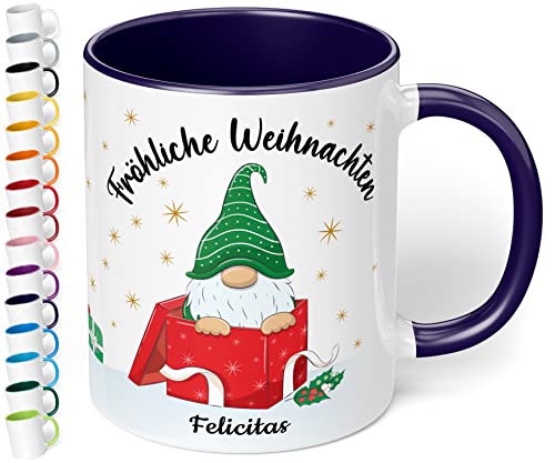 True Statements Weihnachtstasse mit Namen personalisiert „Fröhliche Weihnachten“ - 330ml Keramik Kaffeebecher mit Wichtel-Motiv und Spruch - Geschenk für Freunde & Familie (Kobaltblau) von True Statements