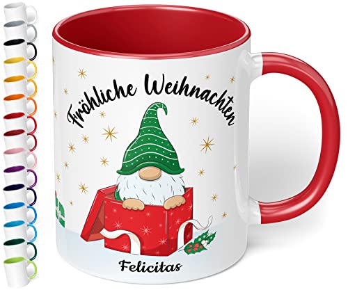 True Statements Weihnachtstasse mit Namen personalisiert „Fröhliche Weihnachten“ - 330ml Keramik Kaffeebecher mit Wichtel-Motiv und Spruch - Geschenk für Freunde & Familie (Rot) von True Statements