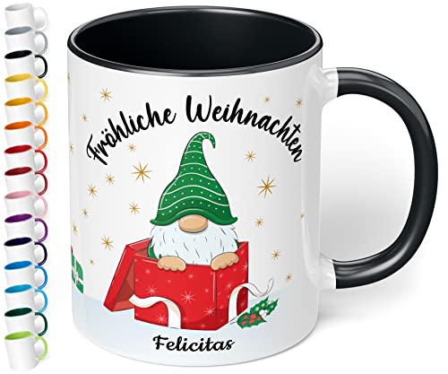True Statements Weihnachtstasse mit Namen personalisiert „Fröhliche Weihnachten“ - 330ml Keramik Kaffeebecher mit Wichtel-Motiv und Spruch - Geschenk für Freunde & Familie (Schwarz) von True Statements