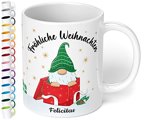 True Statements Weihnachtstasse mit Namen personalisiert „Fröhliche Weihnachten“ - 330ml Keramik Kaffeebecher mit Wichtel-Motiv und Spruch - Geschenk für Freunde & Familie (Weiß) von True Statements