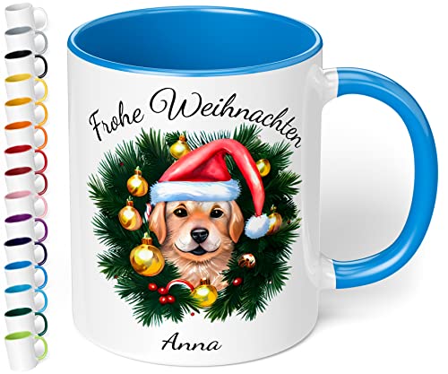 True Statements Weihnachtstasse mit Namen personalisiert „Frohe Weihnachten“ – mit 20 Hunde-Motiven - 330ml Keramik Kaffeebecher mit Spruch - Geschenk zu Weihnachten (Cambridge Blau) von True Statements