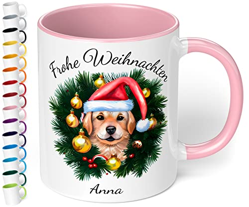 True Statements Weihnachtstasse mit Namen personalisiert „Frohe Weihnachten“ – mit 20 Hunde-Motiven - 330ml Keramik Kaffeebecher mit Spruch - Geschenk zu Weihnachten (Rosa) von True Statements