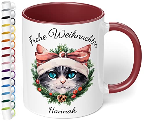 Weihnachtstasse mit Namen „Frohe Weihnachten Wunschname“ – mit 20 Katzen-Motiven - personalisierte Glühwein Tasse – schöne Kaffee-Tasse mit Spruch - Geschenk zu Weihnachten (Bordeaux) von True Statements