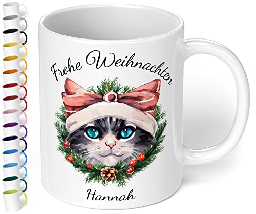 Weihnachtstasse mit Namen „Frohe Weihnachten Wunschname“ – mit 20 Katzen-Motiven - personalisierte Glühwein Tasse – schöne Kaffee-Tasse mit Spruch - Geschenk zu Weihnachten (Weiß) von True Statements