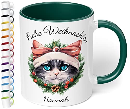 Weihnachtstasse mit Namen „Frohe Weihnachten Wunschname“ – mit 20 Katzen-Motiven - personalisierte Glühwein Tasse – schöne Kaffee-Tasse mit Spruch - Geschenk zu Weihnachten (Dunkelgrün) von True Statements