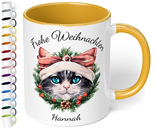 Weihnachtstasse mit Namen „Frohe Weihnachten Wunschname“ – mit 20 Katzen-Motiven - personalisierte Glühwein Tasse – schöne Kaffee-Tasse mit Spruch - Geschenk zu Weihnachten (Goldgelb) von True Statements