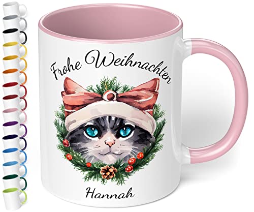 Weihnachtstasse mit Namen „Frohe Weihnachten Wunschname“ – mit 20 Katzen-Motiven - personalisierte Glühwein Tasse – schöne Kaffee-Tasse mit Spruch - Geschenk zu Weihnachten (Rosa) von True Statements