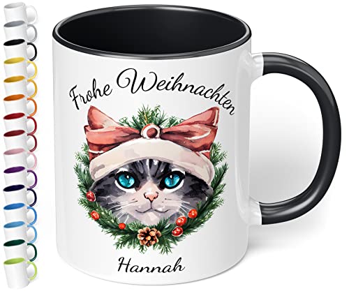 Weihnachtstasse mit Namen „Frohe Weihnachten Wunschname“ – mit 20 Katzen-Motiven - personalisierte Glühwein Tasse – schöne Kaffee-Tasse mit Spruch - Geschenk zu Weihnachten (Schwarz) von True Statements