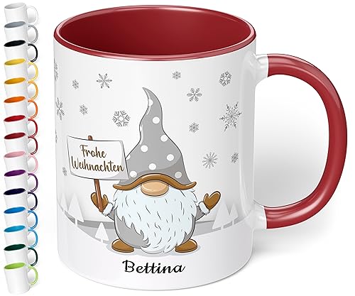 True Statements Weihnachtstasse mit Namen „Frohe Weihnachten“ - mit Gold-Wichtel-Motiv - 330ml - personalisierter Keramik Kaffee-Becher mit Spruch – Geschenk zu Weihnachten (Bordeaux) von True Statements