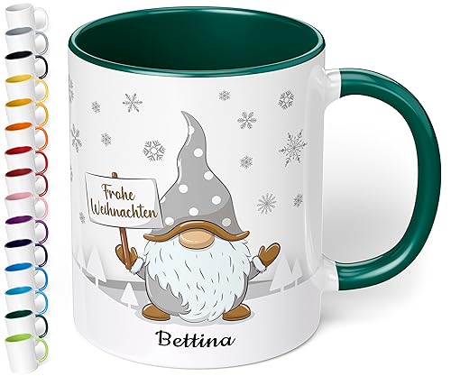 True Statements Weihnachtstasse mit Namen „Frohe Weihnachten“ - mit Gold-Wichtel-Motiv - 330ml - personalisierter Keramik Kaffee-Becher mit Spruch – Geschenk zu Weihnachten (Dunkelgrün) von True Statements