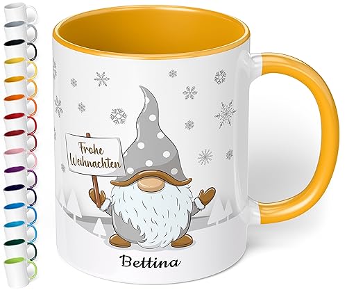 True Statements Weihnachtstasse mit Namen personalisiert „Frohe Weihnachten“ - mit Gold-Wichtel-Motiv - 330ml Keramik Kaffee-Becher mit Spruch – Geschenk zu Weihnachten (Goldgelb) von True Statements