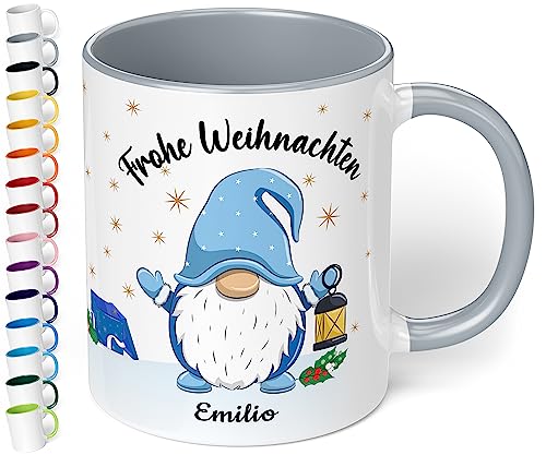 True Statements Weihnachtstasse mit Namen personalisiert „Frohe Weihnachten Wunschname“ - 330ml Keramik Kaffeebecher mit Wichtel-Motiv und Spruch – Geschenk zu Weihnachten (Grau) von True Statements