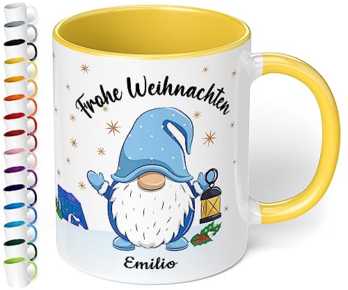 True Statements Weihnachtstasse mit Namen personalisiert „Frohe Weihnachten Wunschname“ - 330ml Keramik Kaffeebecher mit Wichtel-Motiv und Spruch – Geschenk zu Weihnachten (Hellgelb) von True Statements