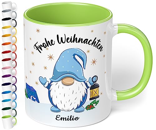 True Statements Weihnachtstasse mit Namen personalisiert „Frohe Weihnachten Wunschname“ - 330ml Keramik Kaffeebecher mit Wichtel-Motiv und Spruch – Geschenk zu Weihnachten (Hellgrün) von True Statements