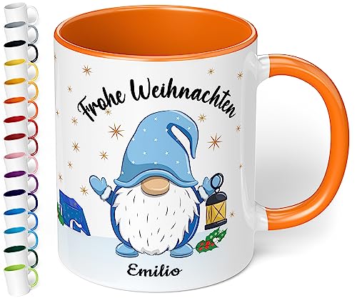 True Statements Weihnachtstasse mit Namen personalisiert „Frohe Weihnachten Wunschname“ - 330ml Keramik Kaffeebecher mit Wichtel-Motiv und Spruch – Geschenk zu Weihnachten (Orange) von True Statements