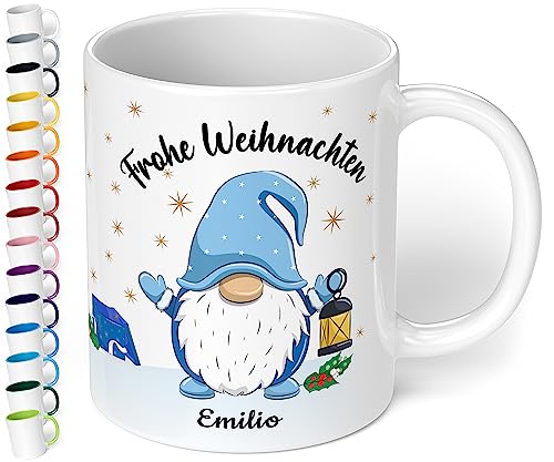 True Statements Weihnachtstasse mit Namen personalisiert „Frohe Weihnachten Wunschname“ - 330ml Keramik Kaffeebecher mit Wichtel-Motiv und Spruch – Geschenk zu Weihnachten (Weiß) von True Statements