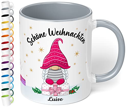 True Statements Weihnachtstasse mit Namen personalisiert „Schöne Weihnachten“ - 330ml Keramik Kaffeebecher mit Wichtel-Motiv und Spruch – Geschenke für Kollegen & Familie (Grau) von True Statements