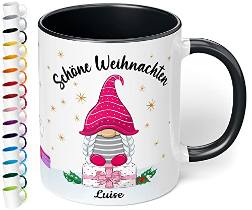 True Statements Weihnachtstasse mit Namen personalisiert „Schöne Weihnachten“ - 330ml Keramik Kaffeebecher mit Wichtel-Motiv und Spruch – Geschenke für Kollegen & Familie (Schwarz) von True Statements