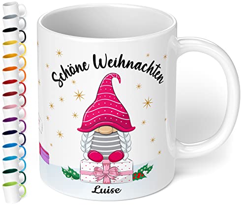 True Statements Weihnachtstasse mit Namen personalisiert „Schöne Weihnachten“ - 330ml Keramik Kaffeebecher mit Wichtel-Motiv und Spruch – Geschenke für Kollegen & Familie (Weiß) von True Statements