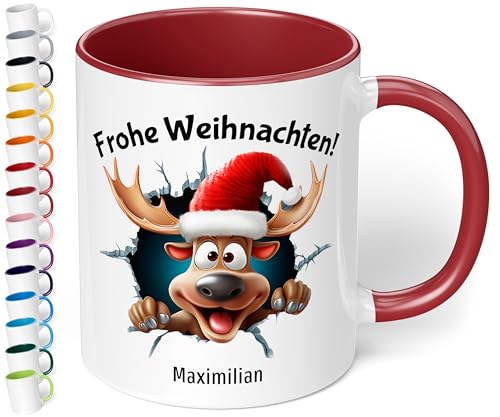 Weihnachtstasse mit Namen personalisiert „Frohe Weihnachten!“ - mit 3D Rentier-Motiv - 330ml Keramik Kaffeebecher mit Spruch – Geschenk zu Weihnachten für Kollegen & Familie (Bordeaux) von True Statements