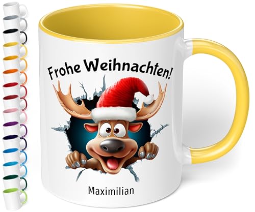 Weihnachtstasse mit Namen personalisiert „Frohe Weihnachten!“ - mit 3D Rentier-Motiv - 330ml Keramik Kaffeebecher mit Spruch – Geschenk zu Weihnachten für Kollegen & Familie (Hellgelb) von True Statements