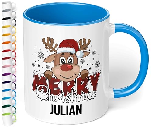 Weihnachtstasse mit Namen personalisiert „Merry Christmas“ - mit Rentier-Motiv - 330ml Keramik Kaffeebecher mit Spruch – Geschenk zu Weihnachten für Kollegen & Familie (Cambridge Blau) von True Statements