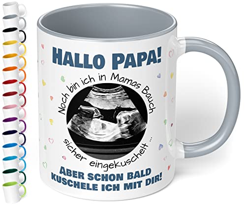 Werdender Papa Tasse Idee Schwangerschaft Verkünden – Keramiktasse mit Ultraschallbild personalisiert „Hallo Papa! Noch bin ich in Mamas Bauch“ – Geschenk Vater Baby Ultraschall-Bild (Grau) von True Statements