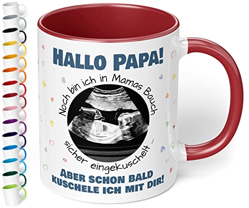 Werdender Papa Tasse Idee Schwangerschaft Verkünden – Keramiktasse mit Ultraschallbild personalisiert „Hallo Papa! Noch bin ich in Mamas Bauch“ – Geschenk Vater Baby Ultraschall-Bild (Bordeaux) von True Statements