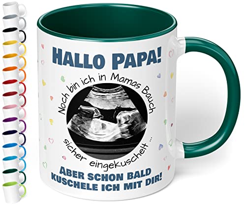 Werdender Papa Tasse Idee Schwangerschaft Verkünden – Keramiktasse mit Ultraschallbild personalisiert „Hallo Papa! Noch bin ich in Mamas Bauch“ – Geschenk Vater Baby Ultraschall-Bild (Dunkelgrün) von True Statements