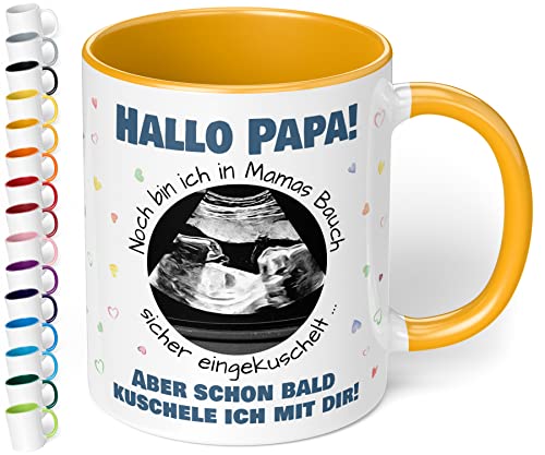 Werdender Papa Tasse Idee Schwangerschaft Verkünden – Keramiktasse mit Ultraschallbild personalisiert „Hallo Papa! Noch bin ich in Mamas Bauch“ – Geschenk Vater Baby Ultraschall-Bild (Goldgelb) von True Statements