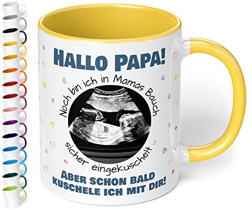 Werdender Papa Tasse Idee Schwangerschaft Verkünden – Keramiktasse mit Ultraschallbild personalisiert „Hallo Papa! Noch bin ich in Mamas Bauch“ – Geschenk Vater Baby Ultraschall-Bild (Hellgelb) von True Statements