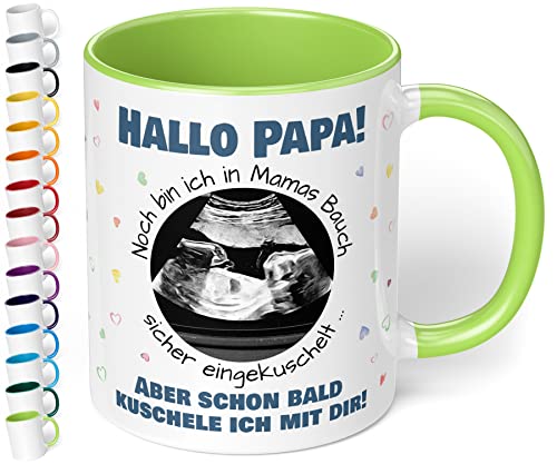 Werdender Papa Tasse Idee Schwangerschaft Verkünden – Keramiktasse mit Ultraschallbild personalisiert „Hallo Papa! Noch bin ich in Mamas Bauch“ – Geschenk Vater Baby Ultraschall-Bild (Hellgrün) von True Statements