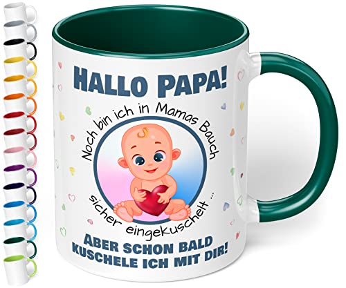 Werdender Papa Tasse Idee Schwangerschaft Verkünden– lustige Keramiktasse „Hallo Papa! Noch bin ich in Mamas Bauch“ – Kaffeebecher –Geschenk für Vater Baby Verkündung (Dunkelgrün) von True Statements