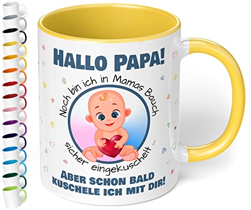 Werdender Papa Tasse Idee Schwangerschaft Verkünden– lustige Keramiktasse „Hallo Papa! Noch bin ich in Mamas Bauch“ – Kaffeebecher –Geschenk für Vater Baby Verkündung (Hellgelb) von True Statements