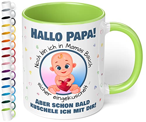 Werdender Papa Tasse Idee Schwangerschaft Verkünden– lustige Keramiktasse „Hallo Papa! Noch bin ich in Mamas Bauch“ – Kaffeebecher –Geschenk für Vater Baby Verkündung (Hellgrün) von True Statements