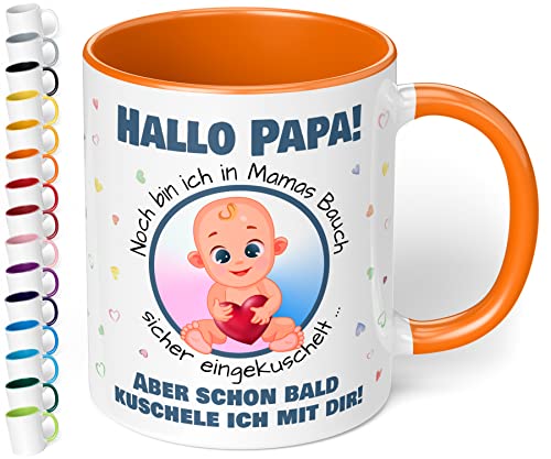 Werdender Papa Tasse Idee Schwangerschaft Verkünden– lustige Keramiktasse „Hallo Papa! Noch bin ich in Mamas Bauch“ – Kaffeebecher –Geschenk für Vater Baby Verkündung (Orange) von True Statements