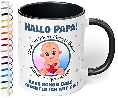 Werdender Papa Tasse Idee Schwangerschaft Verkünden– lustige Keramiktasse „Hallo Papa! Noch bin ich in Mamas Bauch“ – Kaffeebecher –Geschenk für Vater Baby Verkündung (Schwarz) von True Statements