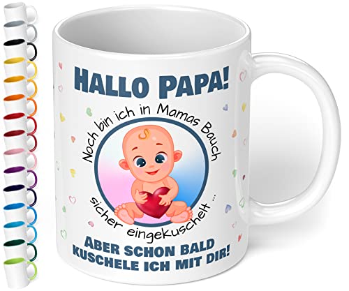 Werdender Papa Tasse Idee Schwangerschaft Verkünden– lustige Keramiktasse „Hallo Papa! Noch bin ich in Mamas Bauch“ – Kaffeebecher –Geschenk für Vater Baby Verkündung (Weiß) von True Statements