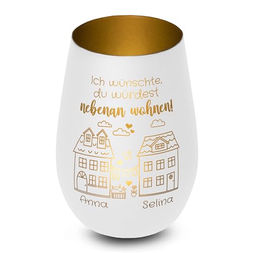 Windlicht „Ich wünschte, du würdest nebenan wohnen!“ personalisiert mit Namen - Glas mit Gravur - Geschenk für Beste Freundin BFF - Freundschaftsgeschenk, Abschiedsgeschenk - Weiß, innen Gold Windlicht „Ich wünschte, du würdest nebenan wohnen!“ personalisiert mit Namen - Glas mit Gravur - Geschenk für Beste Freundin BFF - Freundschaftsgeschenk, Abschiedsgeschenk - Weiß, innen Gold von True Statements