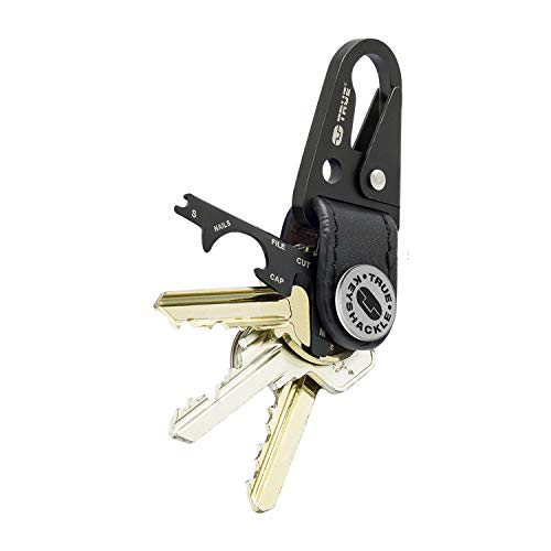 True Keyshackle + Tool aus echtem Rindsleder, einem abnehmbaren Clip aus schwarzem, titanbeschichtetem 420 Edelstahl, 7-in-1-Multifunktionswerkzeug, Abmessungen: 10 x 2,6 x 2,2 cm, 400320 von True Utility