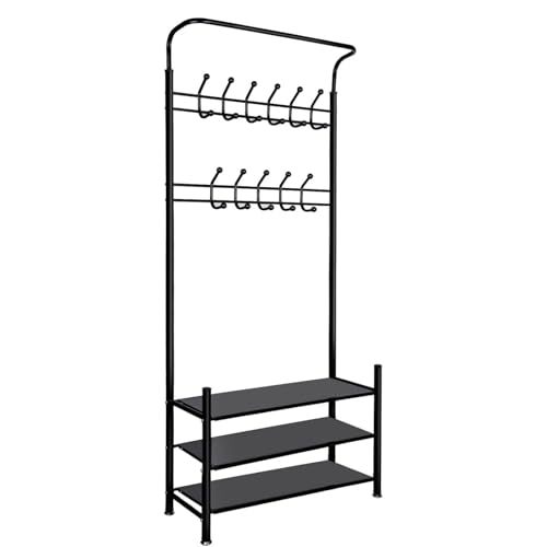 Truevaste Garderobenständer mit Schuhablage, 82x30x190cm Kleiderständer aus Metall, 3-in-1 Garderobe mit 11 Haken und 3 Ablagen für Schlafzimmer, Flur, Wohnzimmer, Kompakt & Platzsparend, Schwarz von Truevaste